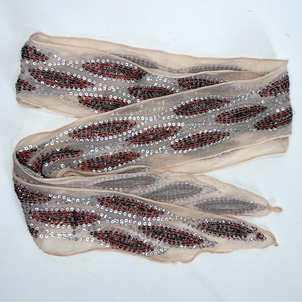 Boho Hippie Belt Neck Tie Hair Wrap Tan Silver & Brown Sequins Iridescen…